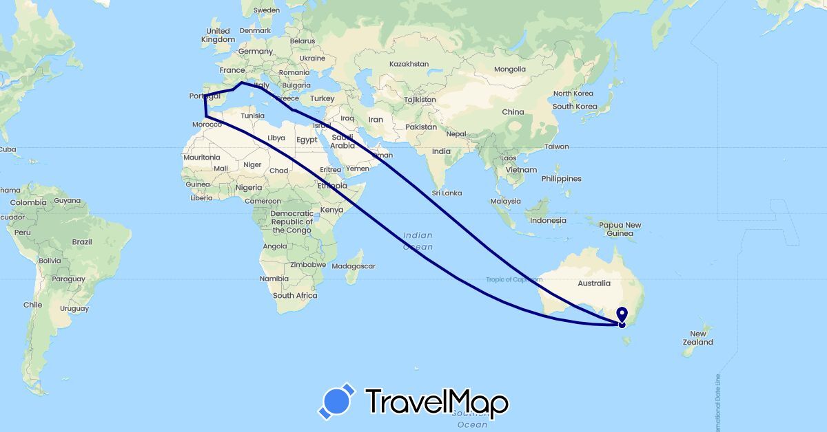TravelMap itinerary: driving in Australia, Spain, France, Greece, Israel, Italy, Morocco, Portugal (Africa, Asia, Europe, Oceania)